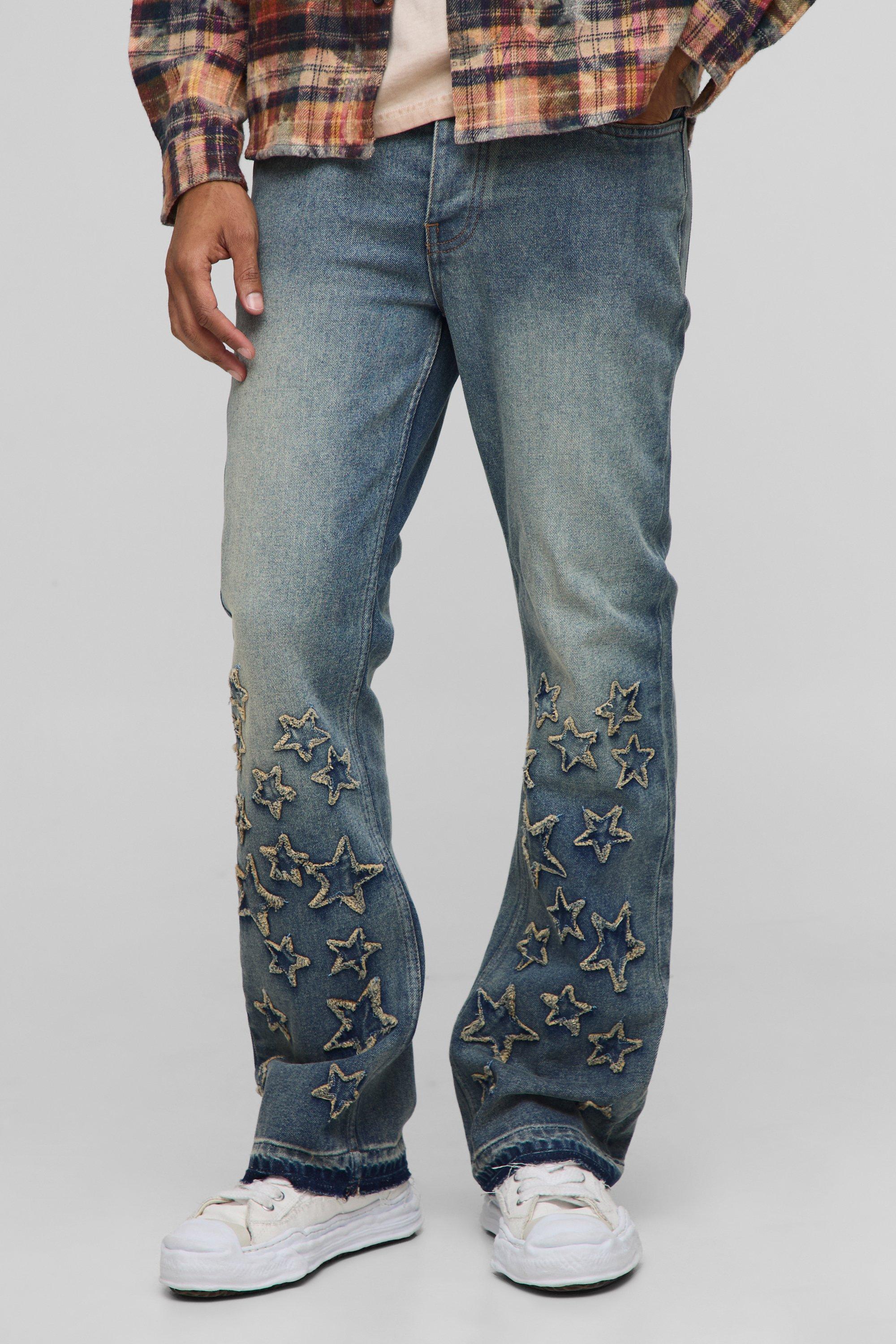 Slim Flared Star Applique Let Down Hem Jeans
